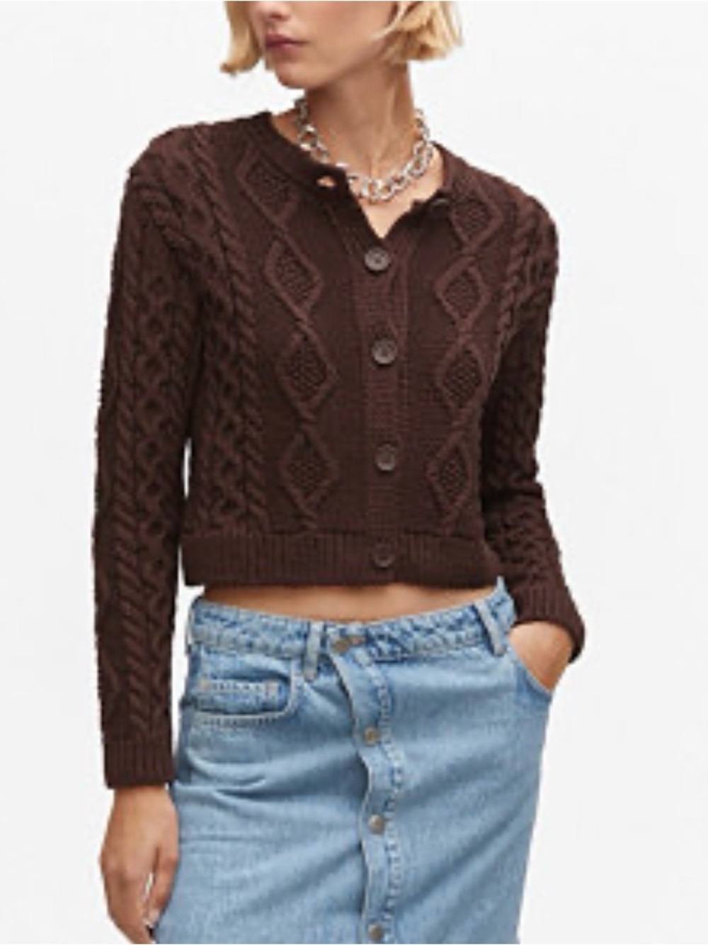 Mango Chocolate Brown Cable-Knit Button Cardigan